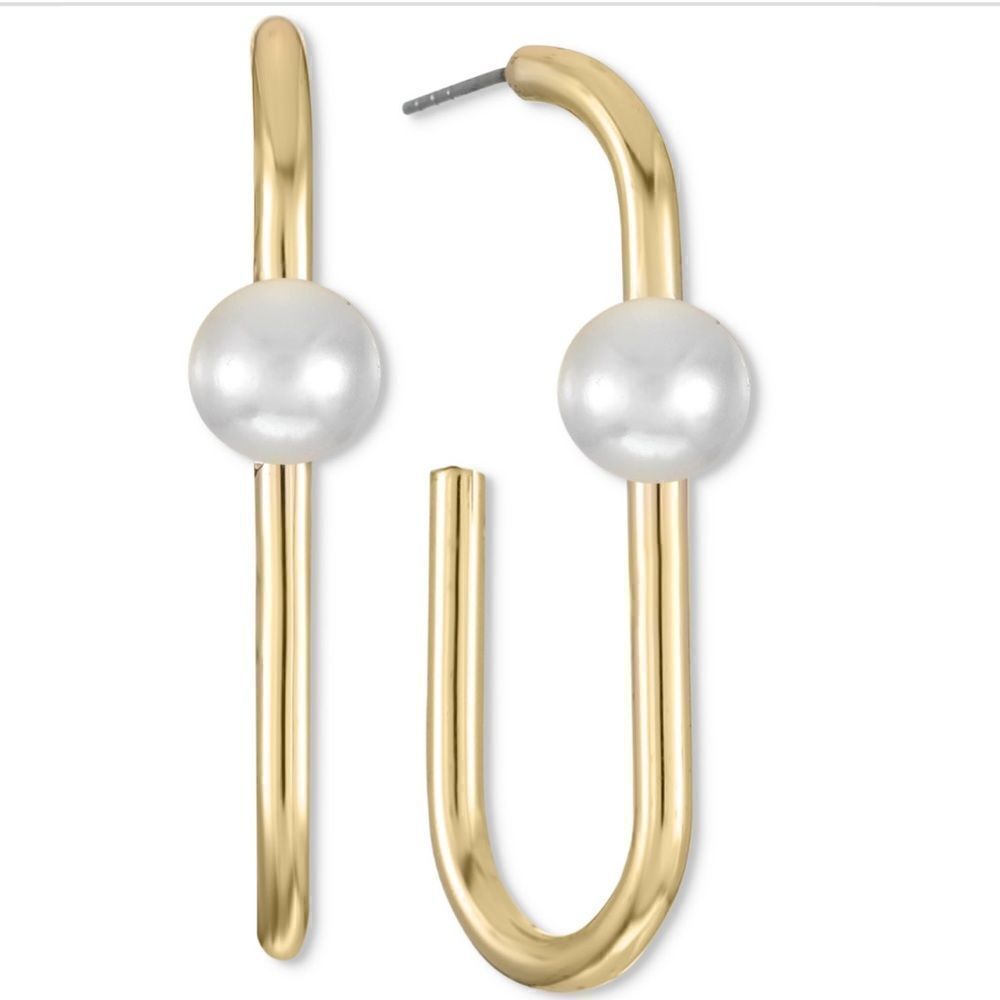 NWT Alfani Gold-Tone & Imitation Pearl Open Oval Hoop Earrings, Gold tone - Picture 1 of 4
